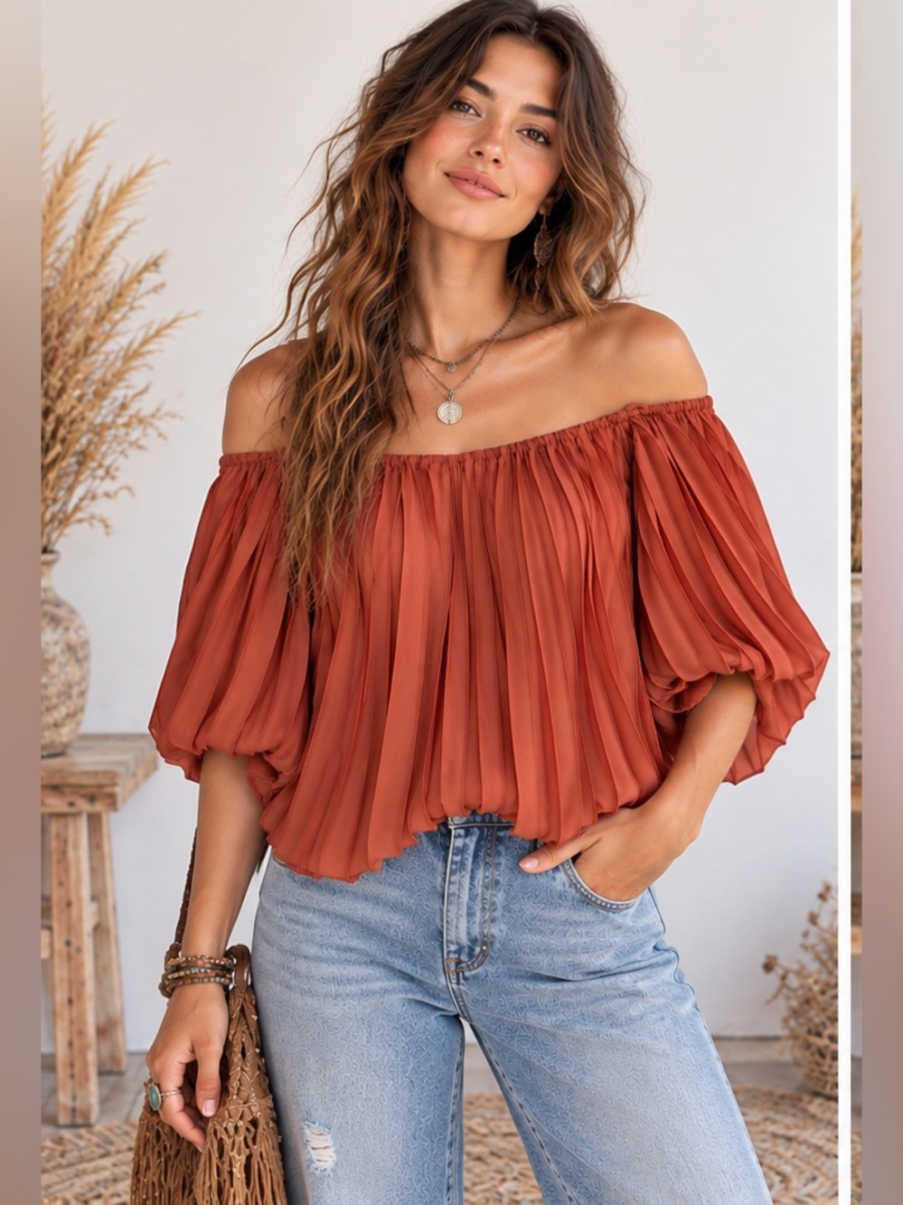 Express Rust Pleated Boho Cottagecore Fairy Wimsigoth Off-Shoulder Blouse Small